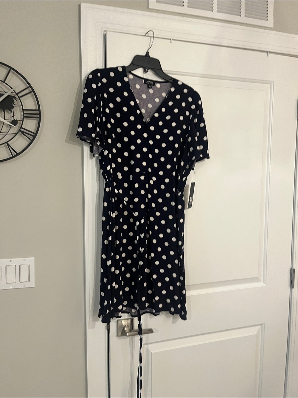 Jones New York Navy and White Polka Dot Wrap Midi Dress